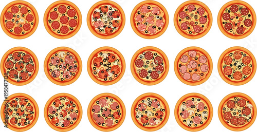Assorted Pizza Collection Top View with Various Toppings Illustration, Italian Food Flat Design Set for Menu, Restaurant, Delivery, and Fast Food Concepts