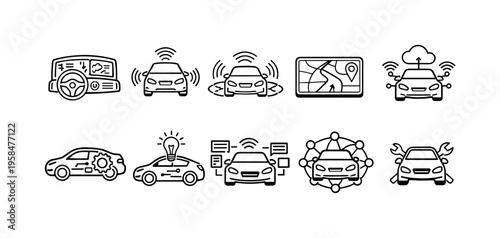 Collection of icons representing smart car technology and automotive innovation