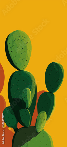 Nopal cactus pads growing with vibrant yellow background. Nopal cactus pads featuring simple graphic shape and casting shadow on yellow wall