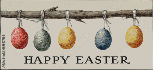 Happy Easter text with hanging eggs on branch greeting card. Colorful patterned Easter eggs hanging from a branch celebrating the holiday season