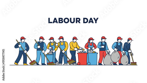 Labour Day Clean Up: A team of essential workers, dressed in work attire, diligently performing cleanup tasks such as sweeping, collecting waste, and managing trash bags in celebration of Labour Day.