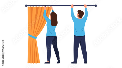 Draping Dreams: A pair of individuals arranges window curtains, their actions a blend of practicality and aesthetic enhancement. 