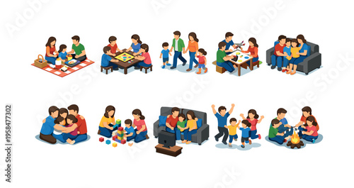 Diverse family activities shown in isometric illustrations, depicting togetherness and fun