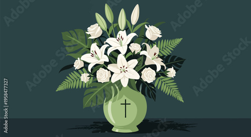 A green vase with white flowers and a cross.