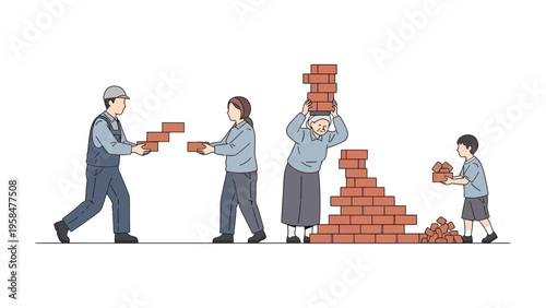 Building Unity: A diverse group works together to construct a brick structure, symbolizing collaboration, effort, and the power of unity and the journey of building a dream.