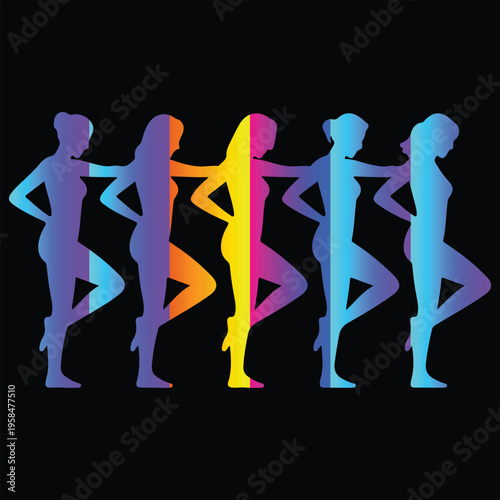  Female Silhouette Dance Poses with Neon Gradient  Modern Abstract Illustration.