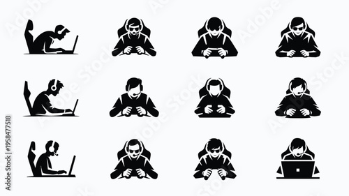Silhouettes of people using laptops tablets and phones in various poses isolated on white background minimalist design