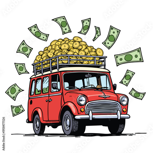 Cartoon red car loaded with gold coins and money.