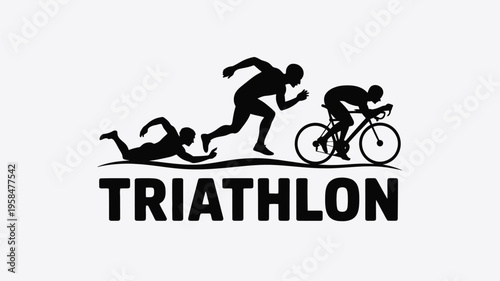 Dynamic triathlon illustration featuring swimming cycling running silhouettes with bold triathlon text in minimalist black and white design