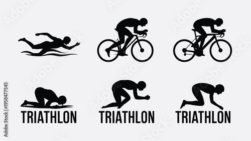 Silhouettes of athletes swimming cycling and running in triathlon competition showcasing endurance sports with dynamic motion icons