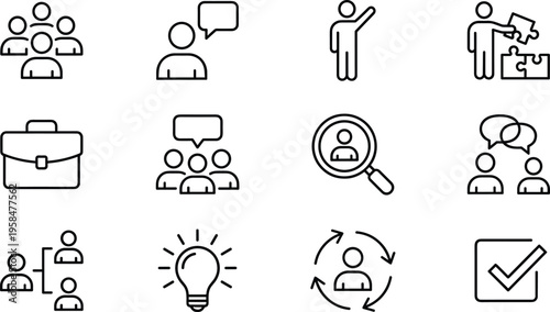 Teamwork communication line icons set, business collaboration management leadership symbols, modern outline vector collection for office workflow organization and human resources