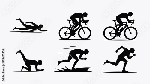 Silhouettes of athletes in dynamic motion cycling running and swimming with intensity in minimalist black and white style depicting athleticism and competition