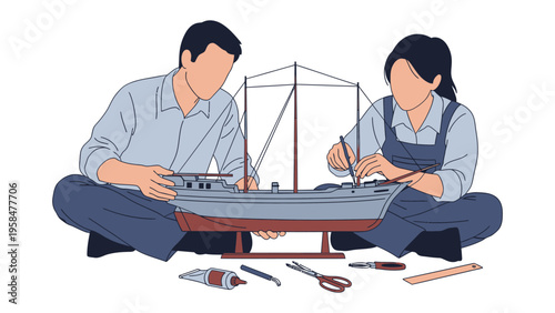 Building Dreams: Two individuals find focus and satisfaction as they meticulously assemble a model ship, demonstrating the dedication and precision of a shared hobby. 