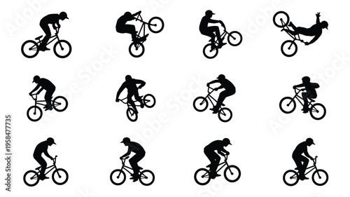 Dynamic silhouettes of cyclists performing stunts and tricks on bicycles showcasing action movement and athleticism in bold black and white vector art style