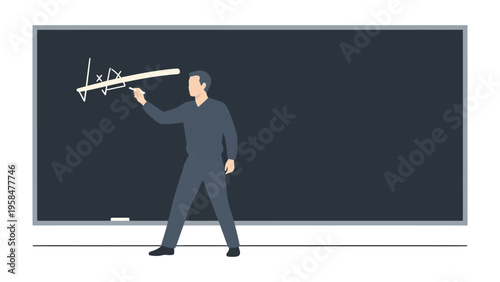 Teacher at Blackboard: A dedicated educator, engaged in the art of instruction, stands confidently before a large blackboard, with chalk in hand.
