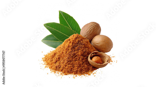Nutmeg powder with whole nutmeg seeds and green leaves isolated on transparent background