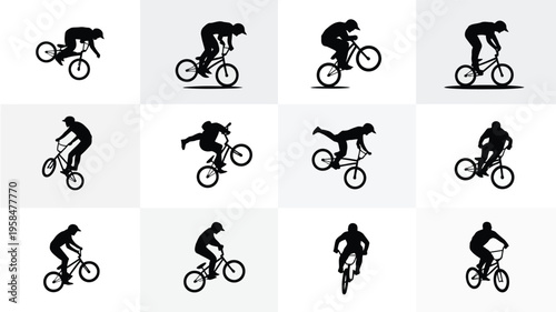 Silhouettes of cyclists performing various bike tricks and stunts in a dynamic sequence of motion graphics