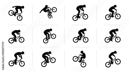 Silhouettes of cyclists performing stunts and tricks on bikes dynamic action poses in minimalist black and white design vector illustrations for sports and adventure themes