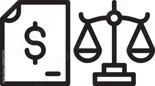 A black and white illustration depicting legal justice and financial matters featuring scales and money