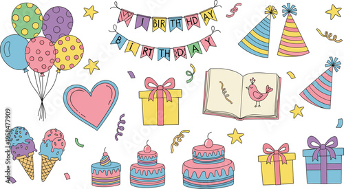 Birthday celebration elements collection with cakes balloons gifts party hats and decorations festive vector illustration set