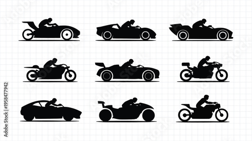 Silhouettes of drivers on motorcycles and in convertible cars dynamic motion with riders leaning forward in speed silhouette style
