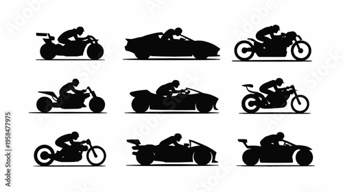 Silhouettes of nine dynamic motorcycles and riders in motion sleek black designs on minimalist white background showcasing diverse styles for speed and adventure