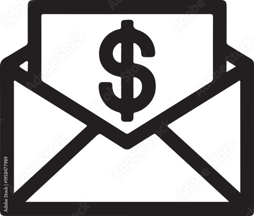 A black and white line art image depicting an envelope with a dollar sign on it