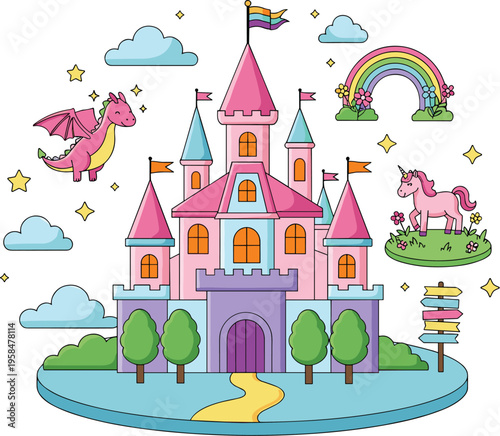 Cute fairytale castle with unicorn rainbow and flying dragon fantasy cartoon vector illustration magical kids design