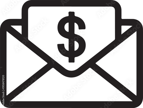 A black and white line icon depicting an envelope with a dollar sign inside high quality