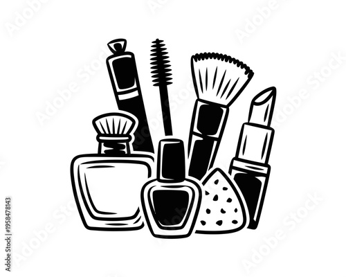 A minimalist vector illustration of various makeup products and tools arranged together