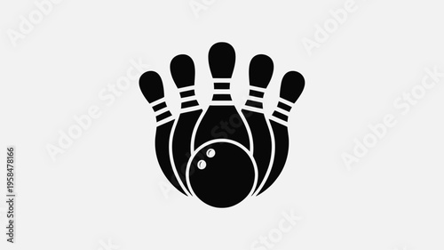 Black and white simplistic icon of a bowling ball knocking down pins minimalist design silhouette style vector illustration sport symbol isolated on white background clean