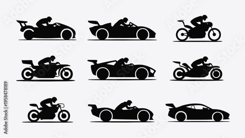 Silhouettes of nine riders on motorcycles and race cars in dynamic motion sleek black designs against a clean white background