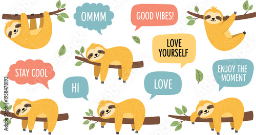 Cute sloth characters collection with motivational quotes and speech bubbles cartoon animals vector illustration set
