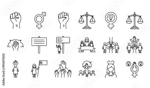 Empowerment feminism women’s rights outline vector icons editable stroke isolated on white
