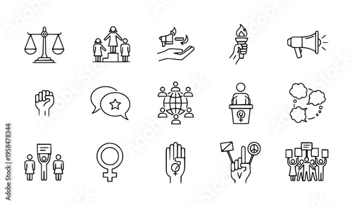 Women’s rights empowerment vector icons editable stroke outline feminism linear isolated on white