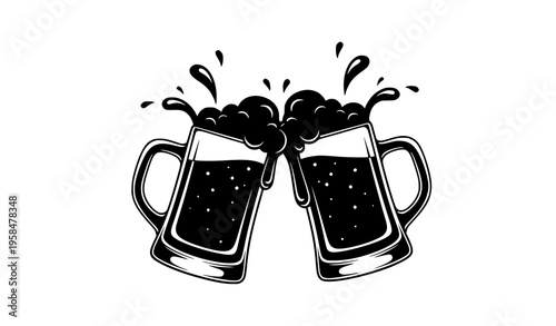 Beer mugs toasting silhouette vector clinking glass steins Oktoberfest celebration isolated on white