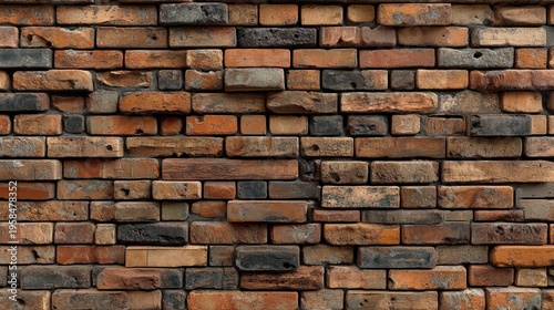 A detailed close-up view of an old weathered brick wall showing various shades of red brown black and orange bricks with texture and pattern