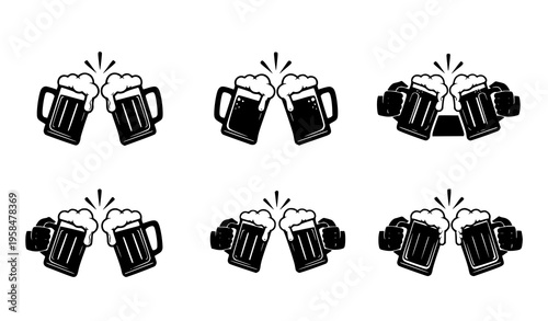 Clinking beer mugs silhouette vector cheers celebration pub bar icon isolated on white