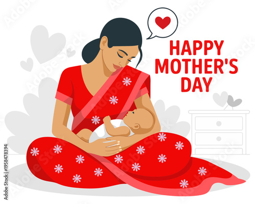A mother in a red sari sitting and holding her baby on Mother's Day with a heart above her head