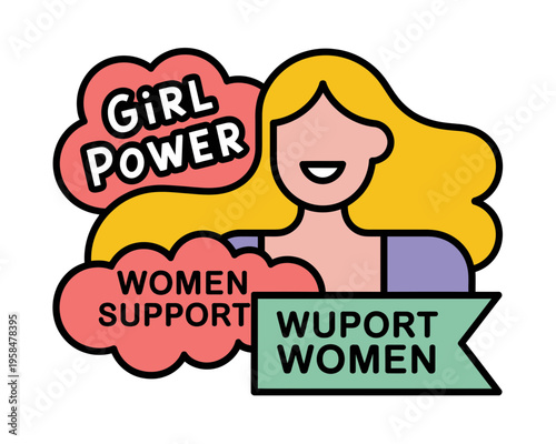 A cartoon woman with a big smile and blonde hair promoting girl power and women support in a colorful vector graphic illustration.