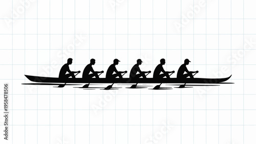 Silhouette of six rowers in a boat paddling together in unison depicted in minimalist black and white vector style emphasizing teamwork and coordination
