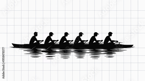 Silhouette of six rowers in a boat paddling in sync across calm water minimalist black and white design with grid overlay