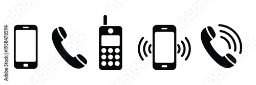 Phone icon vector collection, phone ringing symbol set, ringing telephone icons including old model telephone, modern smartphone and keypad devices, communication concept elements, clean flat vector 