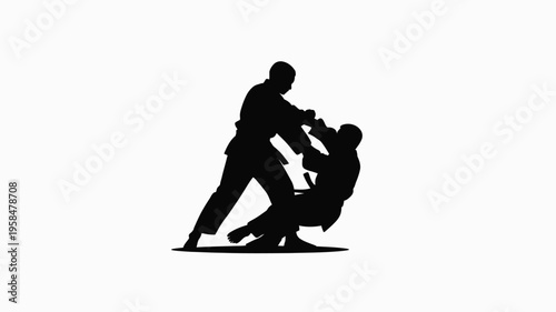 Silhouette of two individuals engaged in a dynamic struggle depicted in bold black and white contrast emphasizing action and intensity in a minimalist style