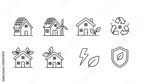 Eco friendly home line icons sustainable housing renewable energy vector isolated on white