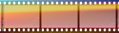 Vintage 35mm photo film strip with light leak effects. Vector old analog overlay filter with sprocket holes and flare gradients perfect for retro video border, cinematic mockup, nostalgic photo edit.