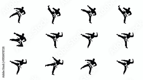 Dynamic martial arts silhouettes of athletes performing high kicks and punches in mid air against a clean white background showcasing motion and agility in a minimalist black