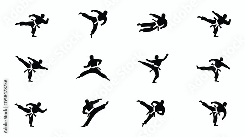 Dynamic silhouettes of martial artists performing high kicks and punching movements in mid air isolated on white background showcasing fluidity and athleticism in vector art style