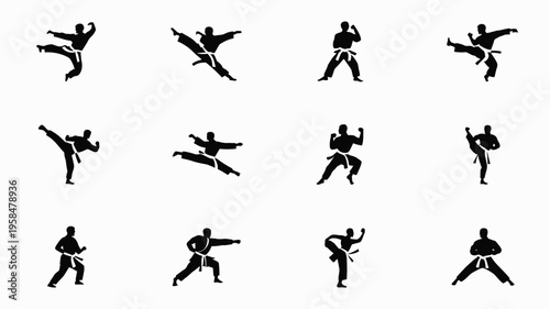 Dynamic silhouettes of martial artists performing kicks punches and defensive stances in a minimalist vector style