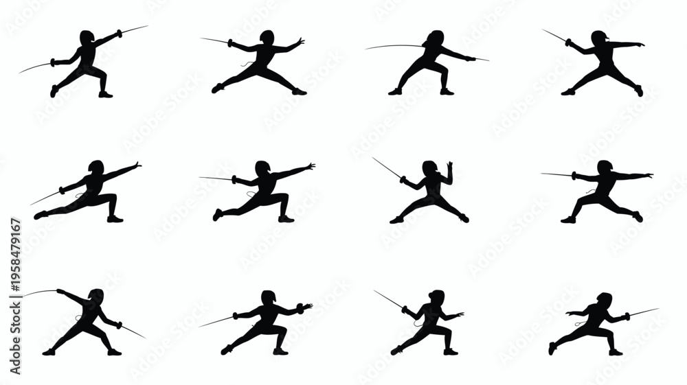 Fototapeta premium Silhouettes of fencers in dynamic poses showcasing lunges parries and attacks in a minimalist black and white design perfect for sports and action themes